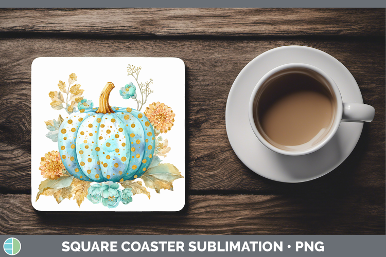 Blue Pumpkin Autumn Pastel Brush Strokes Square Coaster Subl