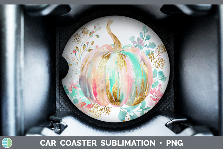 Pink Pumpkin Car Coaster Autumn Pastel Brush Strokes Sublima
