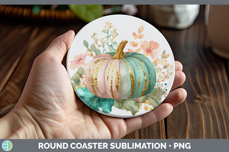 Pink Pumpkin Round Coaster Autumn Pastel Brush Strokes Subli