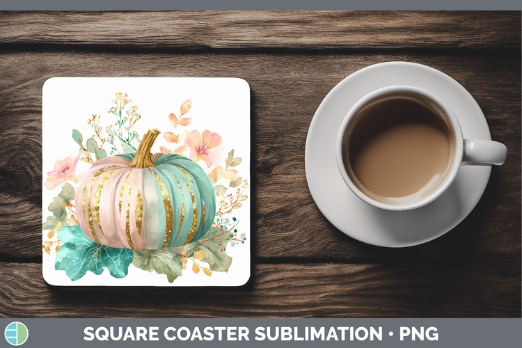 Pink Pumpkin Square Coaster Autumn Pastel Brush Strokes Subl