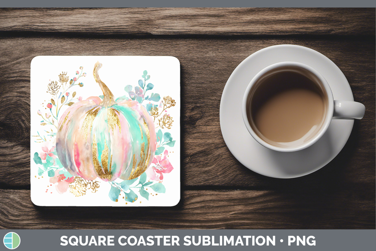 Pink Pumpkin Square Coaster Autumn Pastel Brush Strokes Subl