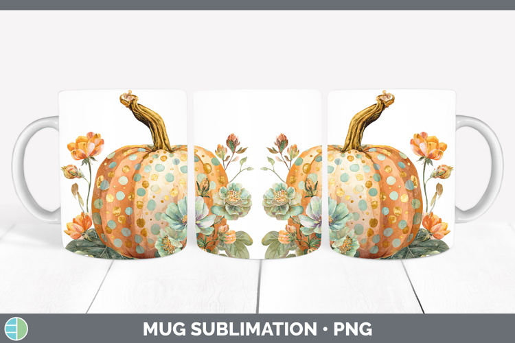 Polka Dot Pumpkin Mug Wrap Autumn Pastel Brush Strokes Subli