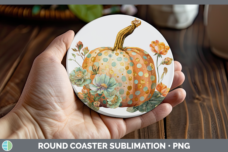 Polka Dot Pumpkin Round Coaster Autumn Pastel Brush Strokes