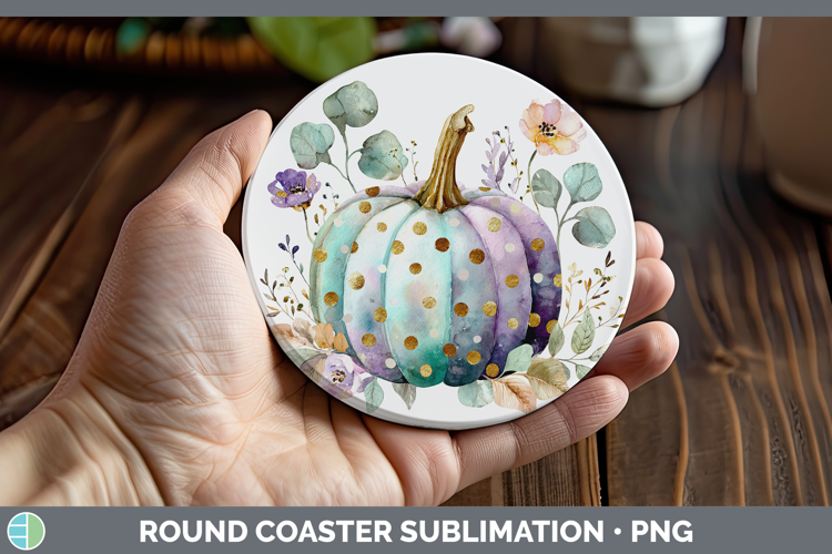 Purple Dot Pumpkin Autumn Pastel Brush Strokes Round Coaster