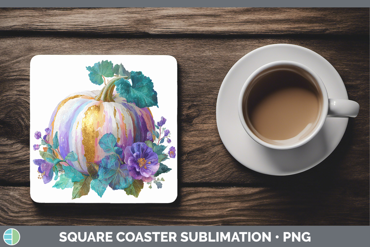 Purple Pumpkin Square Coaster Autumn Pastel Brush Strokes Su