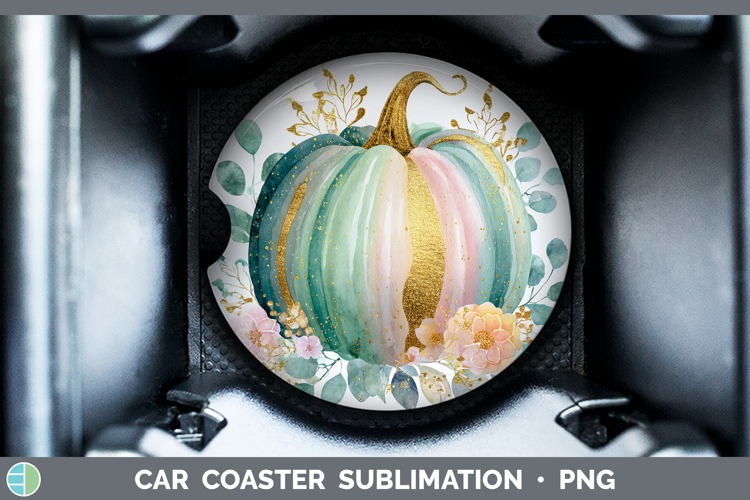 Teal Pumpkin Autumn Pastel Brush Strokes Car Coaster Sublima