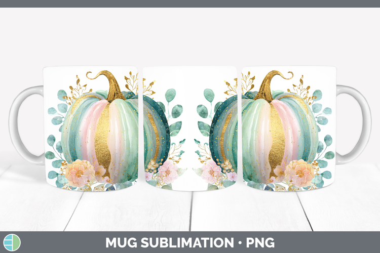Teal Pumpkin Autumn Pastel Brush Strokes Mug Wrap Sublimatio