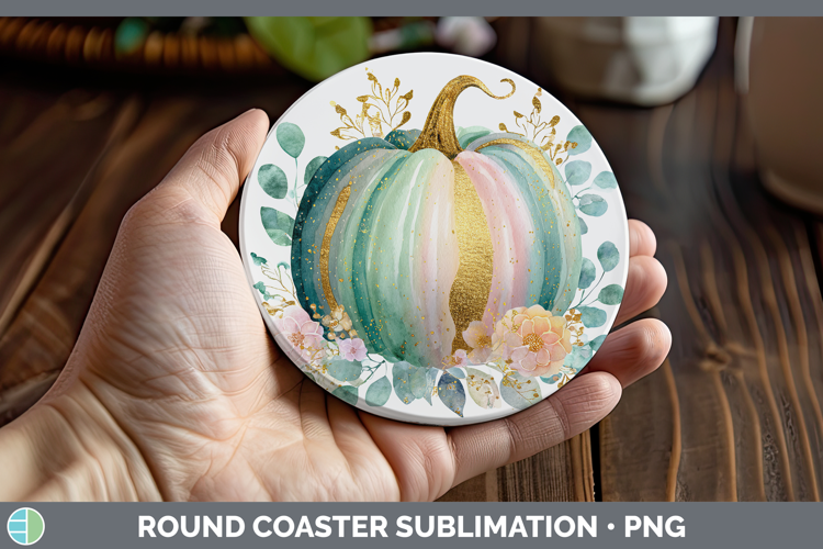 Teal Pumpkin Autumn Pastel Brush Strokes Round Coaster Subli