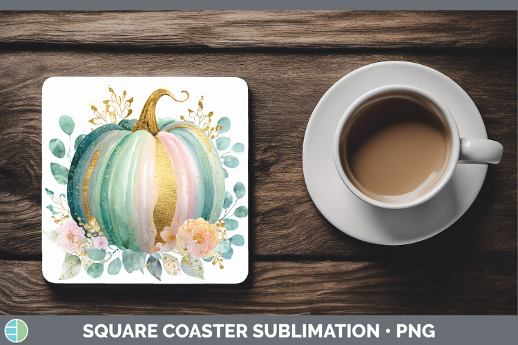 Teal Pumpkin Autumn Pastel Brush Strokes Square Coaster Subl