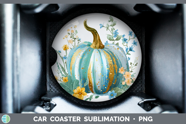 Turquoise Pumpkin Car Coaster Autumn Pastel Brush Strokes Su