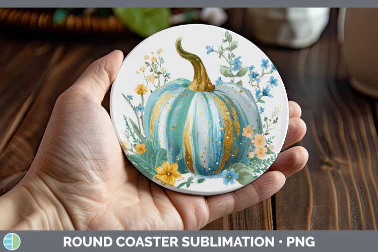 Turquoise Pumpkin Round Coaster Autumn Pastel Brush Strokes