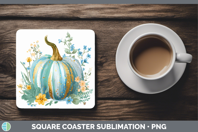 Turquoise Pumpkin Square Coaster Autumn Pastel Brush Strokes