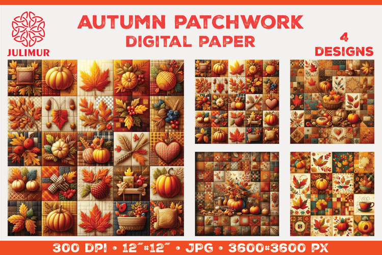 Digital Paper with Autumn Patchwork Design in Warm Colors