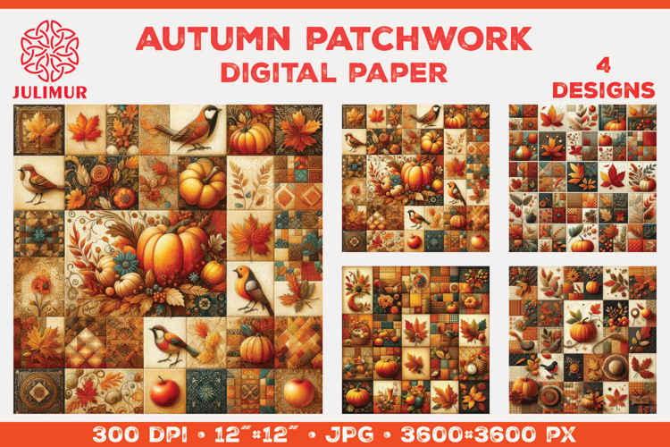Digital Paper with Autumn Patchwork Design in Warm Colors