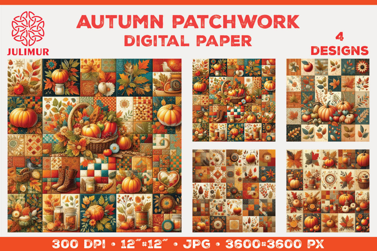 Digital Paper with Autumn Patchwork Design in Warm Colors
