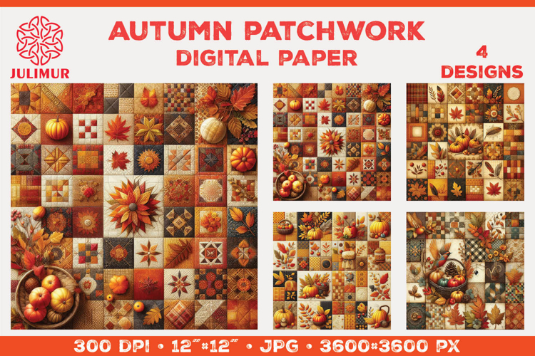 Digital Paper with Autumn Patchwork Design in Warm Colors