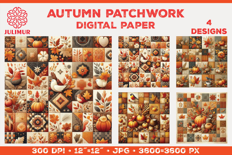Digital Paper with Autumn Patchwork Design in Warm Colors