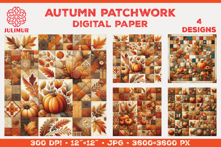 Digital Paper with Autumn Patchwork Design in Warm Colors