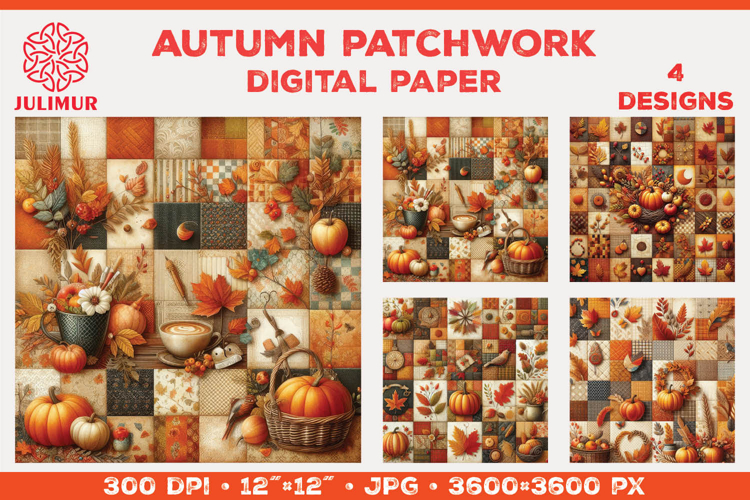 Digital Paper with Autumn Patchwork Design in Warm Colors