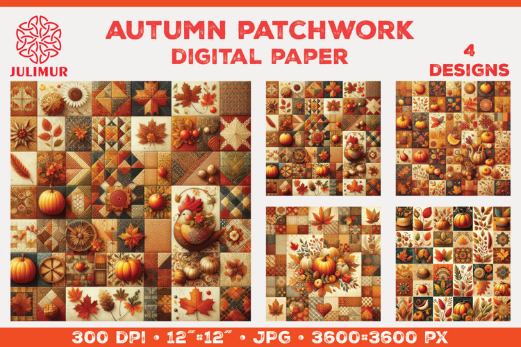 Digital Paper with Autumn Patchwork Design in Warm Colors