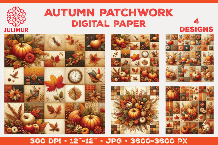Digital Paper with Autumn Patchwork Design in Warm Colors