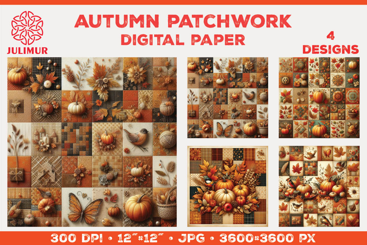 Digital Paper with Autumn Patchwork Design in Warm Colors