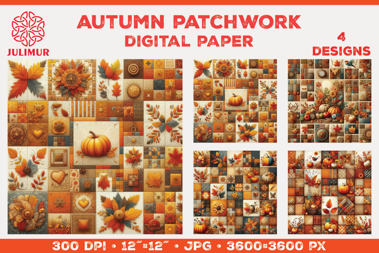 Digital Paper with Autumn Patchwork Design in Warm Colors