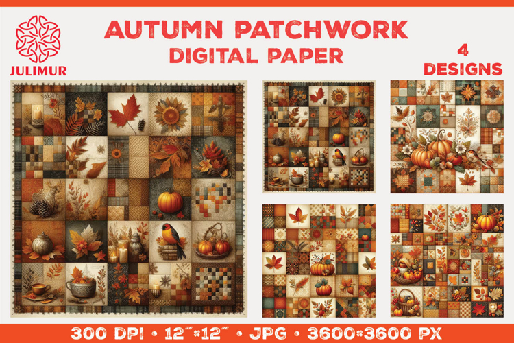 Digital Paper with Autumn Patchwork Design in Warm Colors