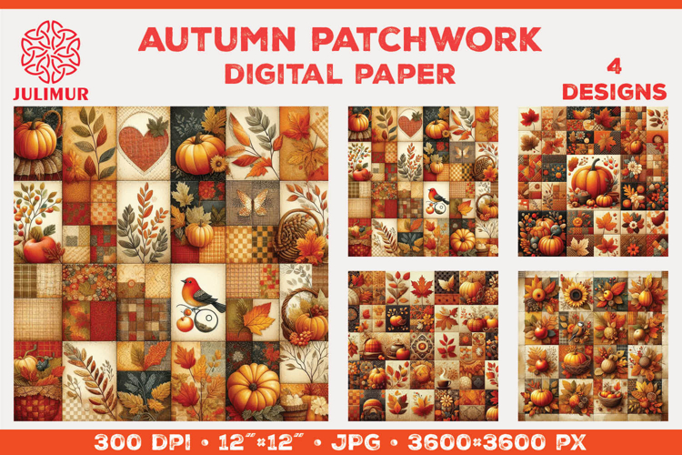 Digital Paper with Autumn Patchwork Design in Warm Colors