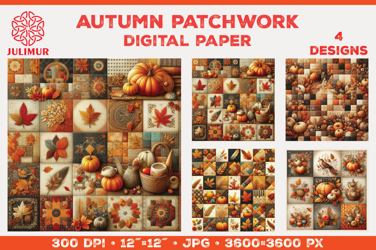 Digital Paper with Autumn Patchwork Design in Warm Colors