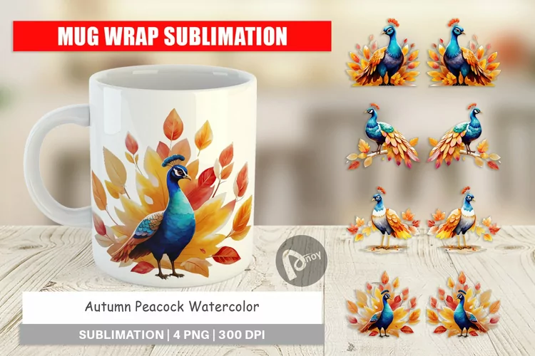 Mug Wrap Design Autumn Peacock Watercolor