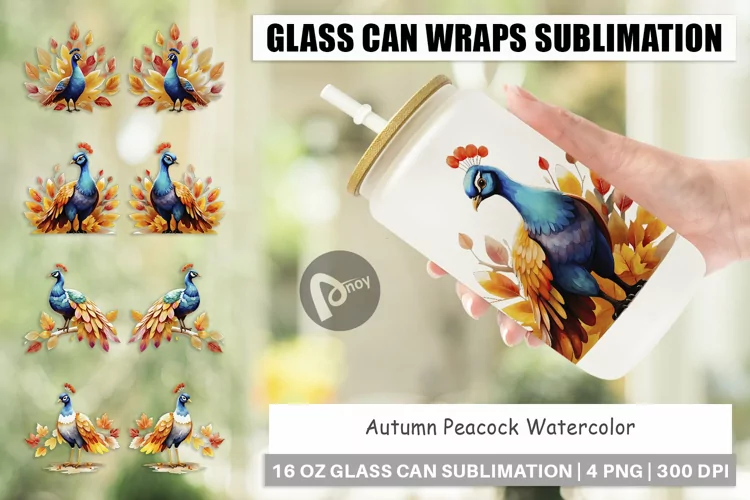 Glass Can Wraps Autumn Peacock Watercolor