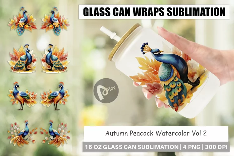 Glass Can Wraps Autumn Peacock Watercolor
