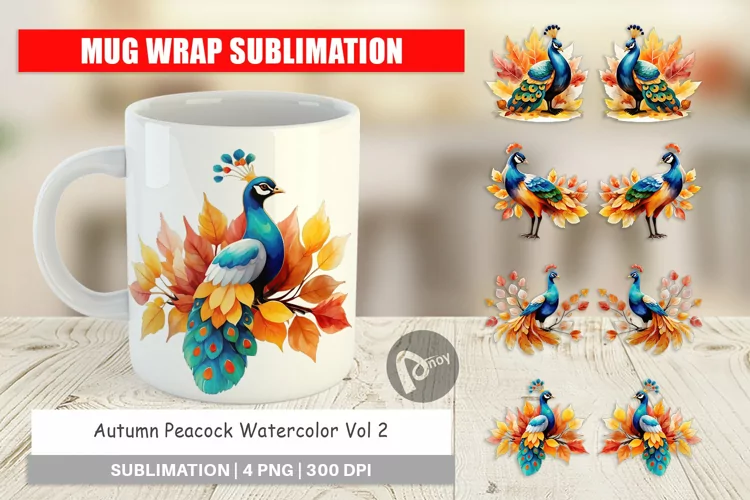 Mug Wrap Design Autumn Peacock Watercolor