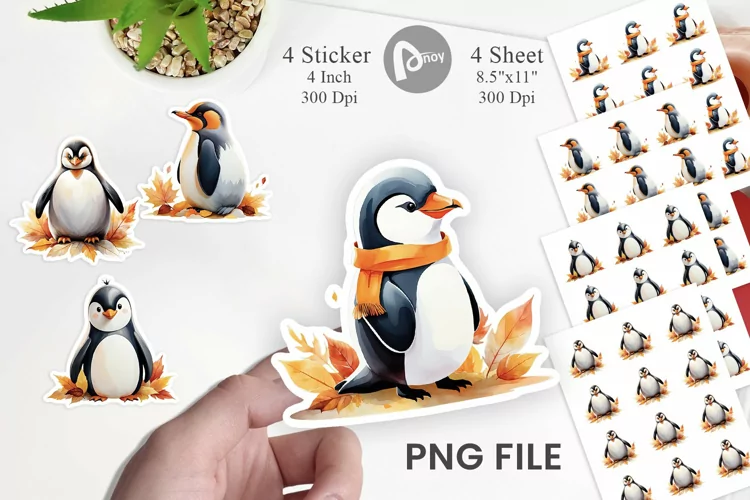 Autumn Penguin Watercolor Sticker