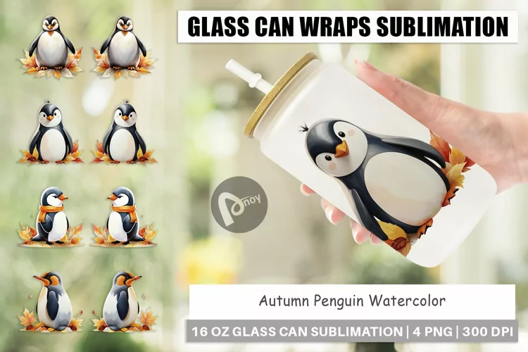 Glass Can Wraps Autumn Penguin Watercolor