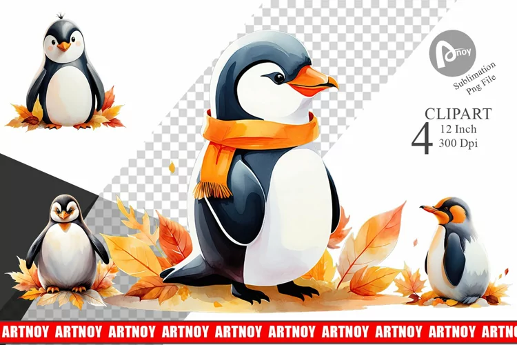 Autumn Penguin Watercolor Clipart