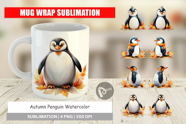 Mug Wrap Design Autumn Penguin Watercolor