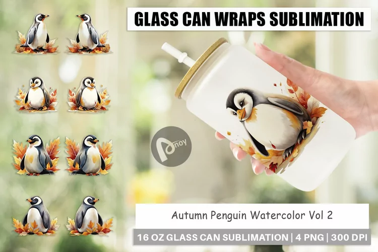 Glass Can Wraps Autumn Penguin Watercolor