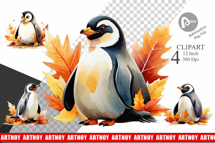 Autumn Penguin Watercolor Clipart