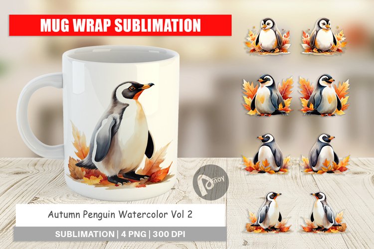 Mug Wrap Design Autumn Penguin Watercolor example image 1