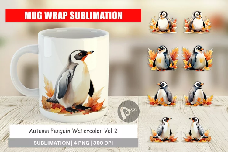 Mug Wrap Design Autumn Penguin Watercolor