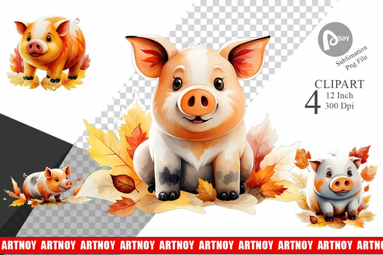 Autumn Pig Watercolor Clipart