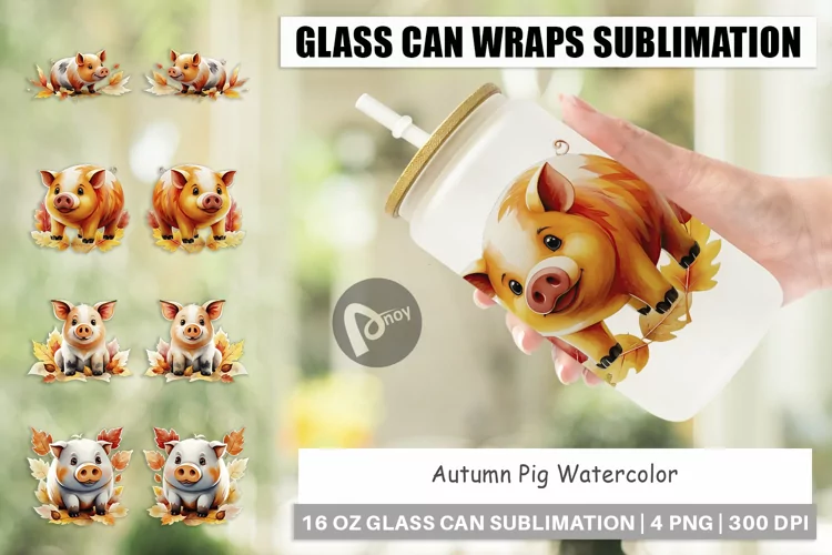 Glass Can Wraps Autumn Pig Watercolor