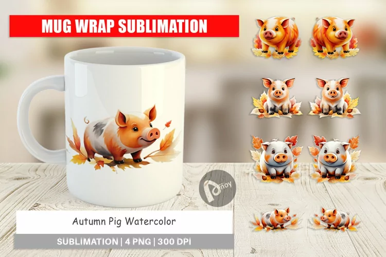 Mug Wrap Design Autumn Pig Watercolor