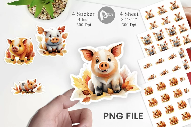 Autumn Pig Watercolor Sticker