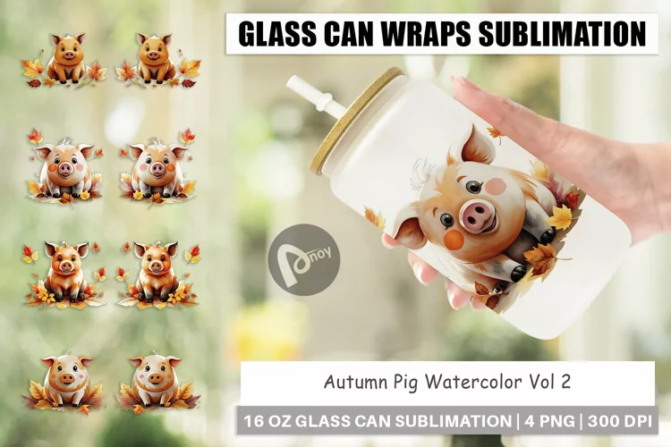 Glass Can Wraps Autumn Pig Watercolor
