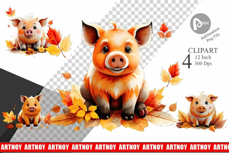 Autumn Pig Watercolor Clipart