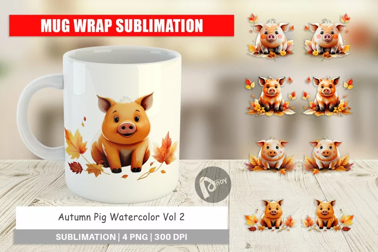 Mug Wrap Design Autumn Pig Watercolor