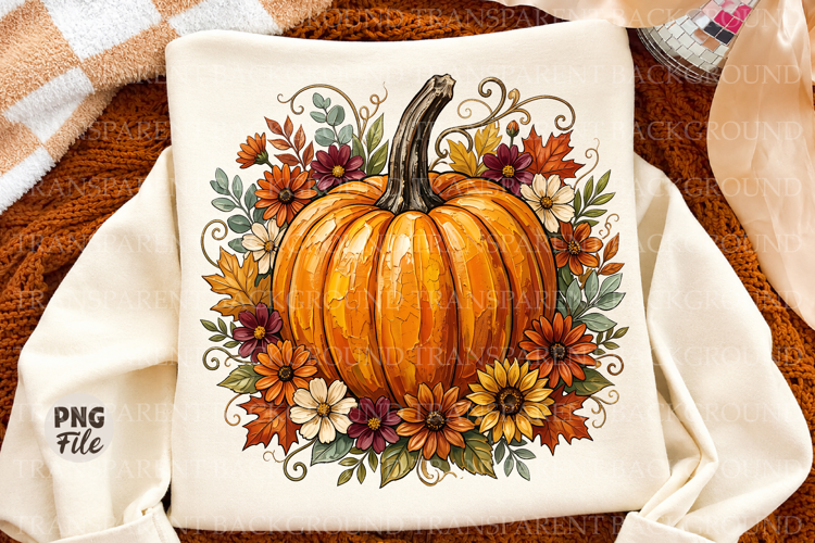Autumn Pumpkin Floral Png, Watercolor Fall Shirt Design